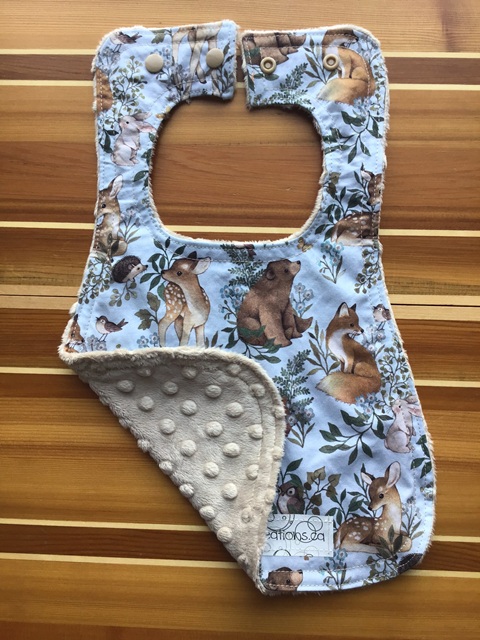 Bib--Mist Forest Critters on Camel minky